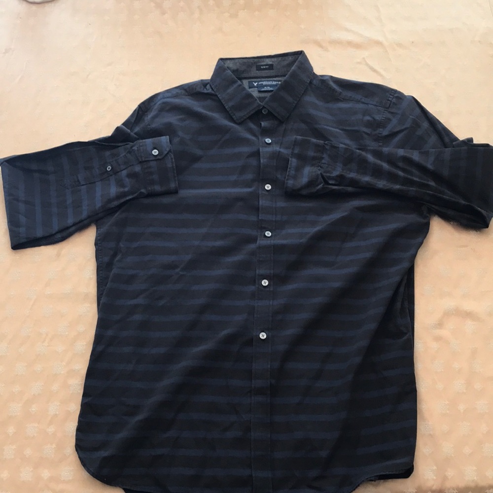 Black and Blue Striped Amer Eagl Button Down Shirt